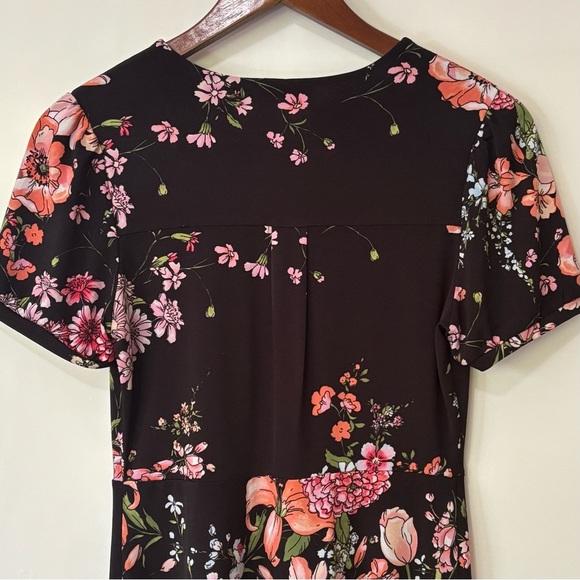 Monteau| Black & Pink Floral Short Sleeve Jersey Wrap Mini Dress Sz L - Picture 2 of 5